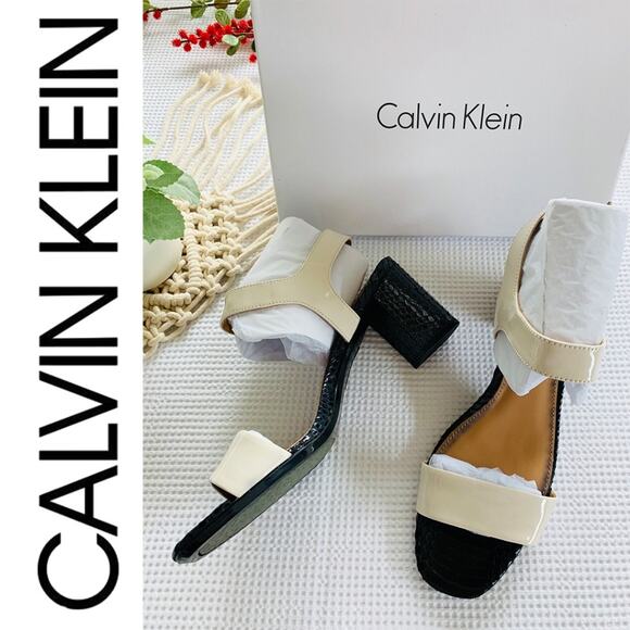 CALVIN KLEIN Shoes NEW Block Heel Open Toe Sandal High Heels Cream Black Shoes 8 - Picture 2 of 8